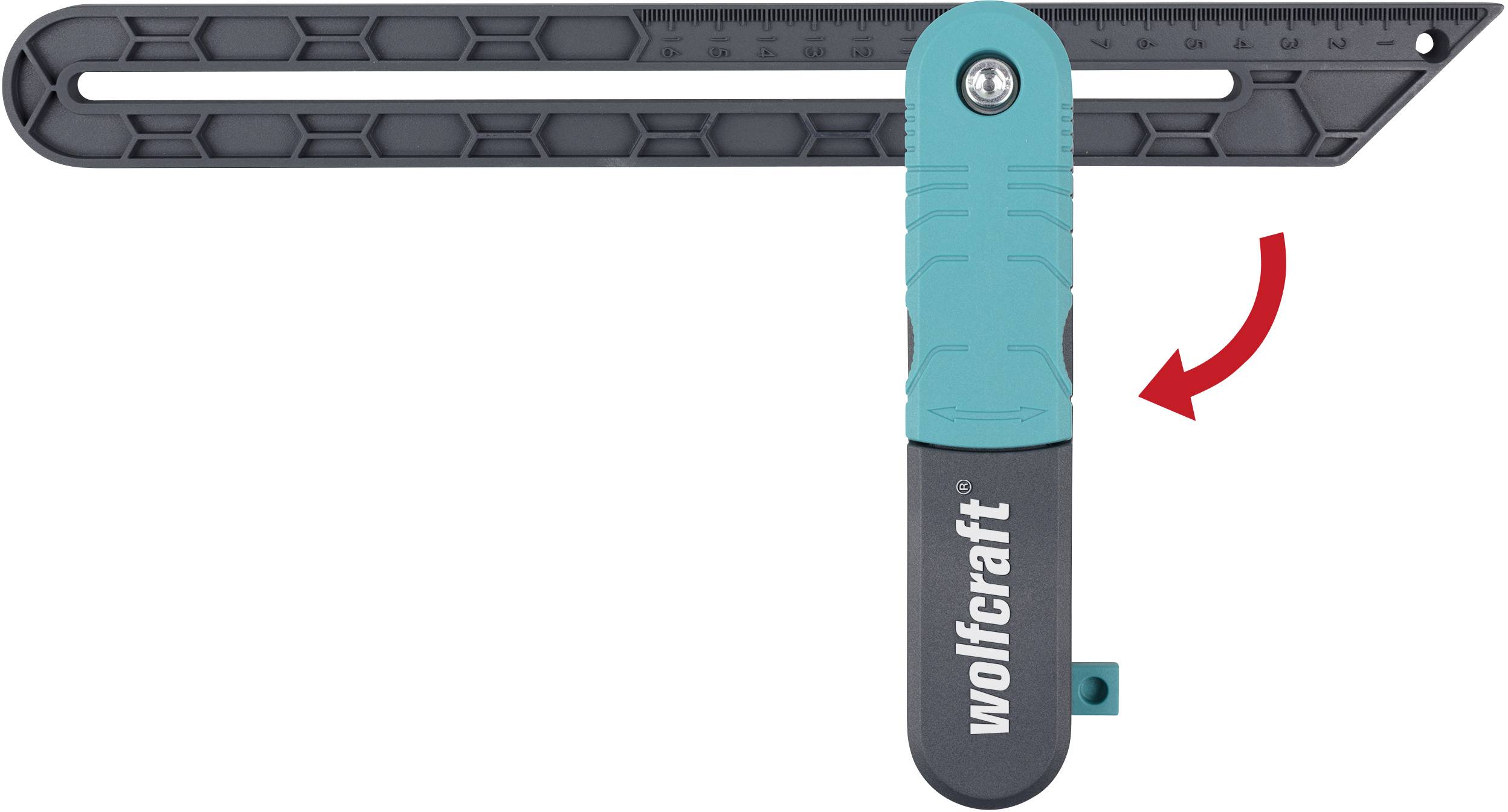 Carpenter's angle in grey and turquoise by Wolfcraft with a red arrow indicating the adjustment mechanism. Ideal for precise measurements.