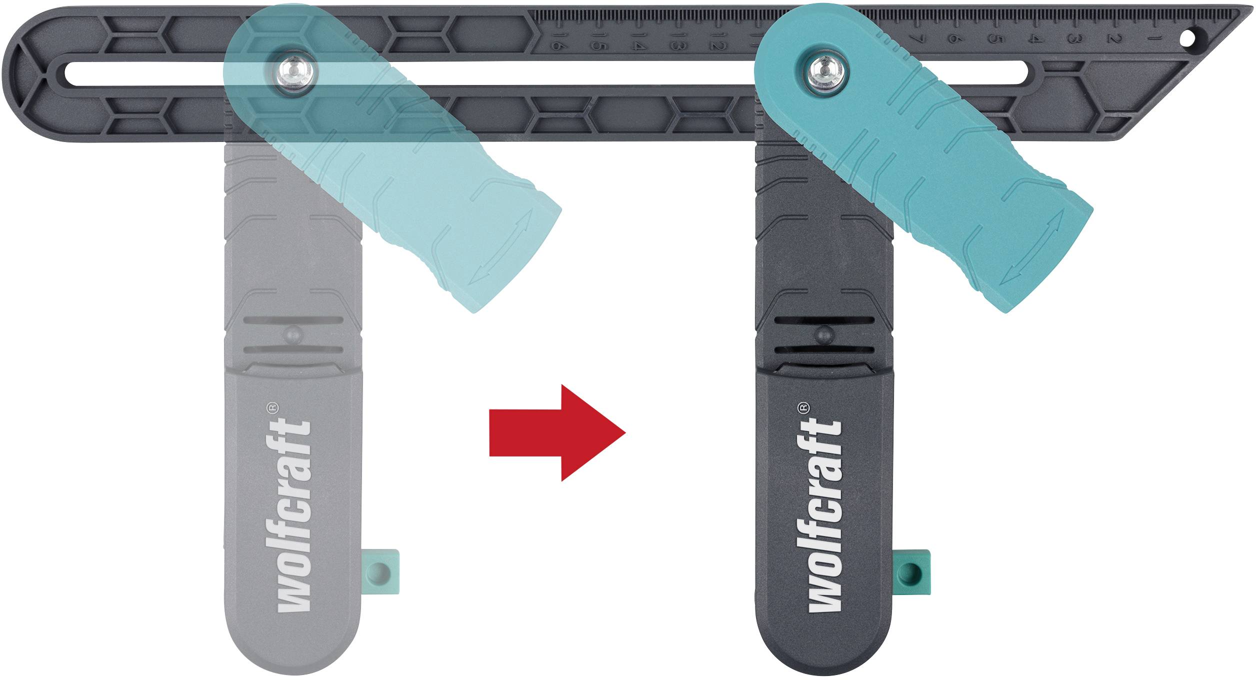 'Wolfcraft' stencil for head-side transfer and precise angle marking. Tool with adjustable arms.