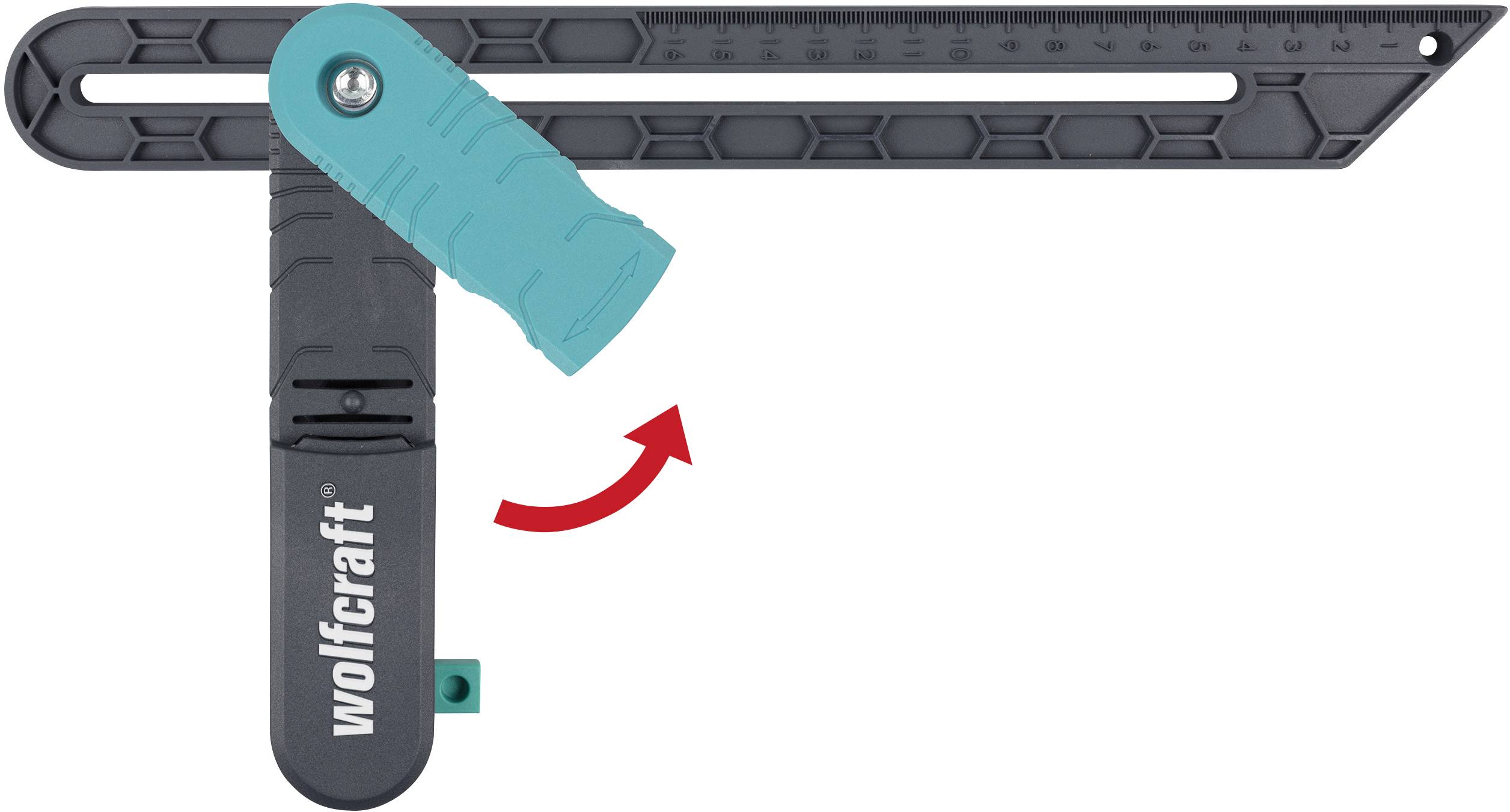 Adjustable angle measurer by 'wolfcraft', showing a red arrow movement that symbolises the angle adjustment mechanism.