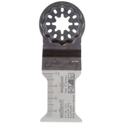 A oscillating steel saw blade with a centimetre scale printed on it and manufacturer details.