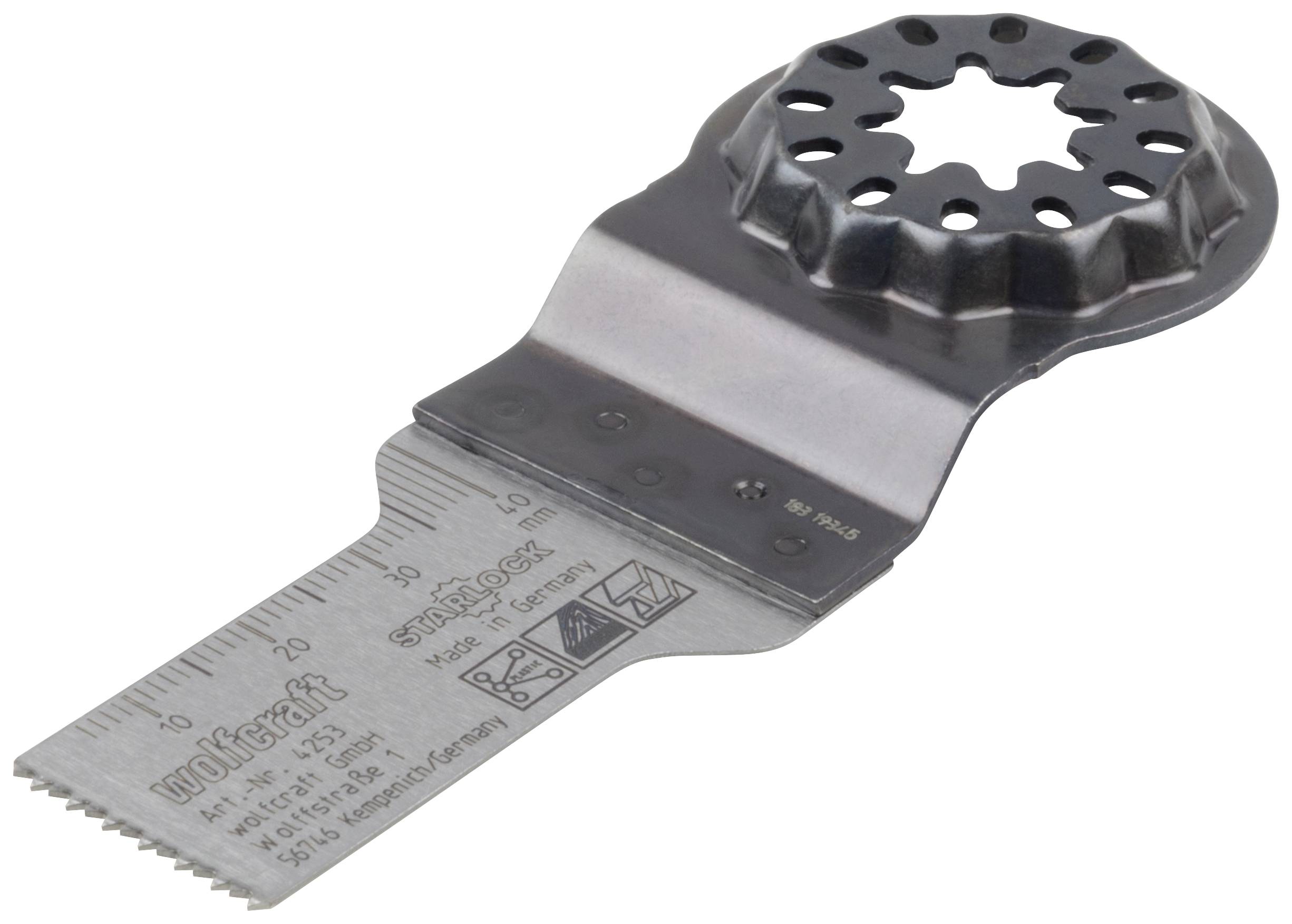 An oscillating saw blade with a graduated scale and marked print, primarily used for precise cuts in woodworking.