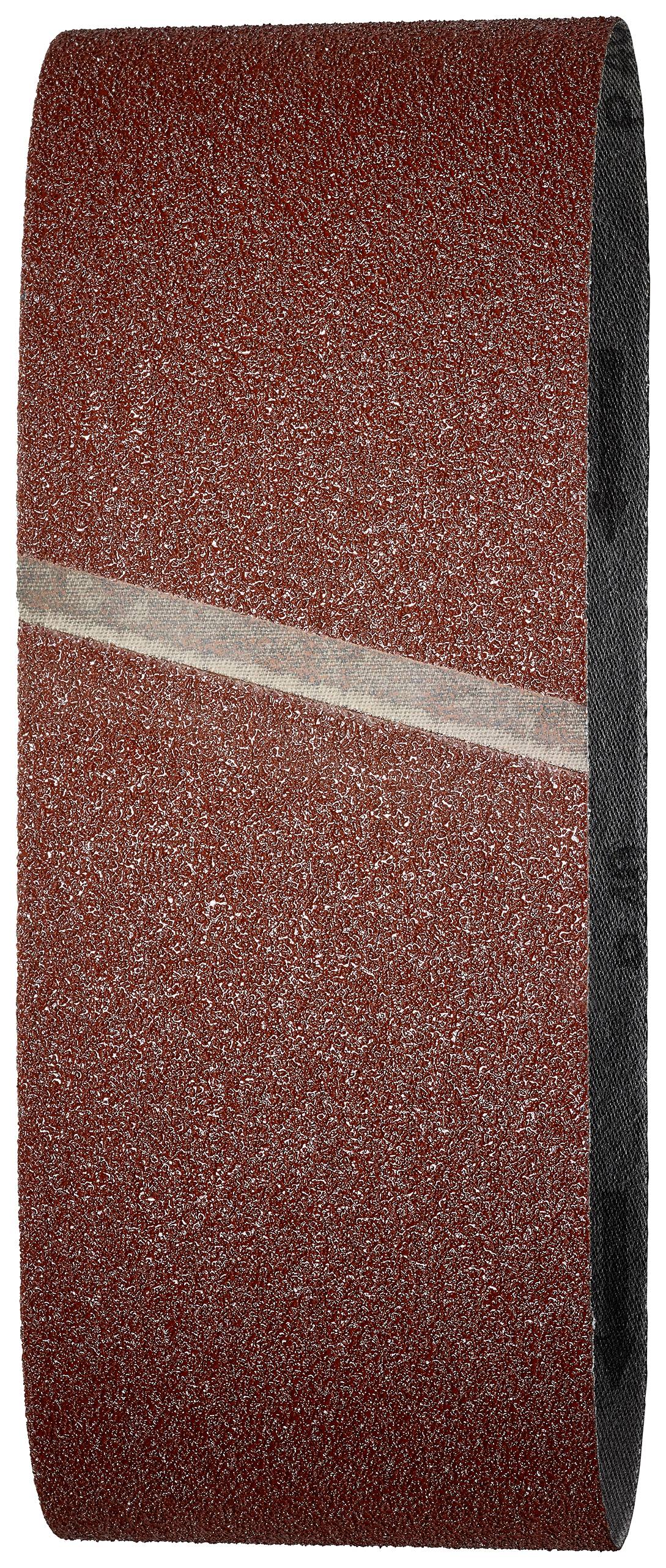 A red abrasive paper sanding belt, formed into a circle, is displayed vertically.