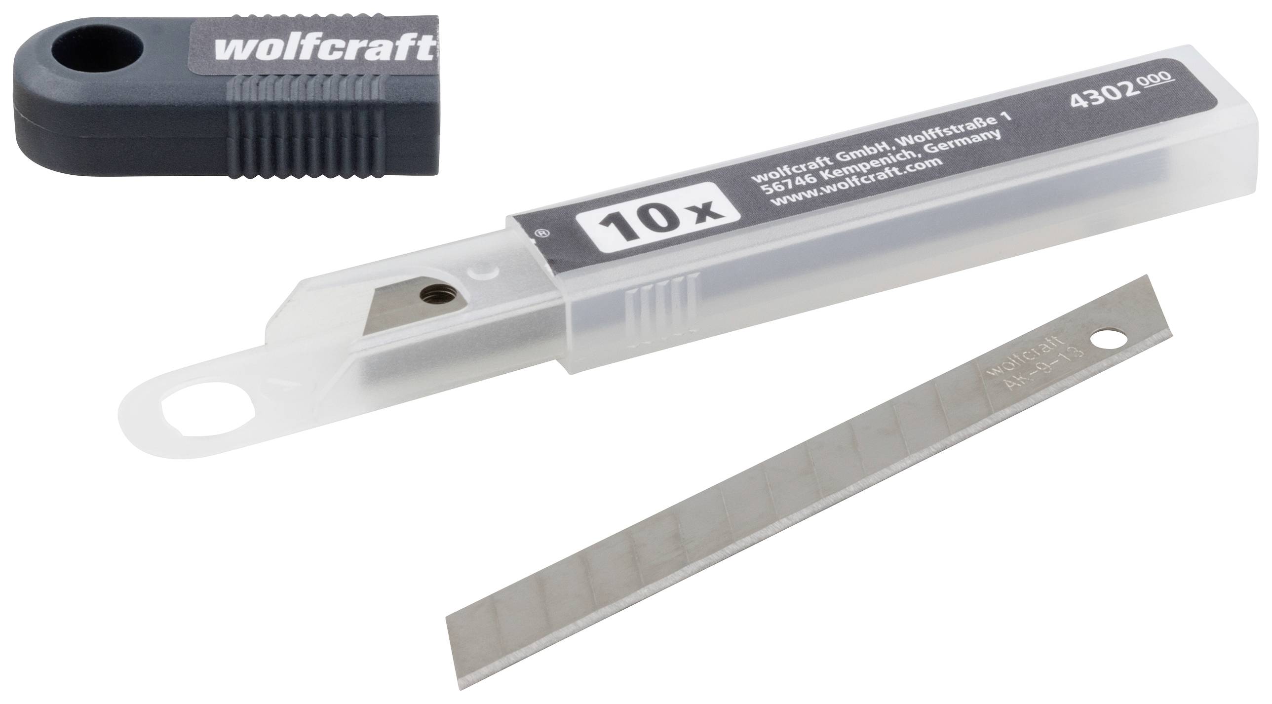 A container with ten replacement blades by Wolfcraft and a single blade. Packaging displays the brand and product information.