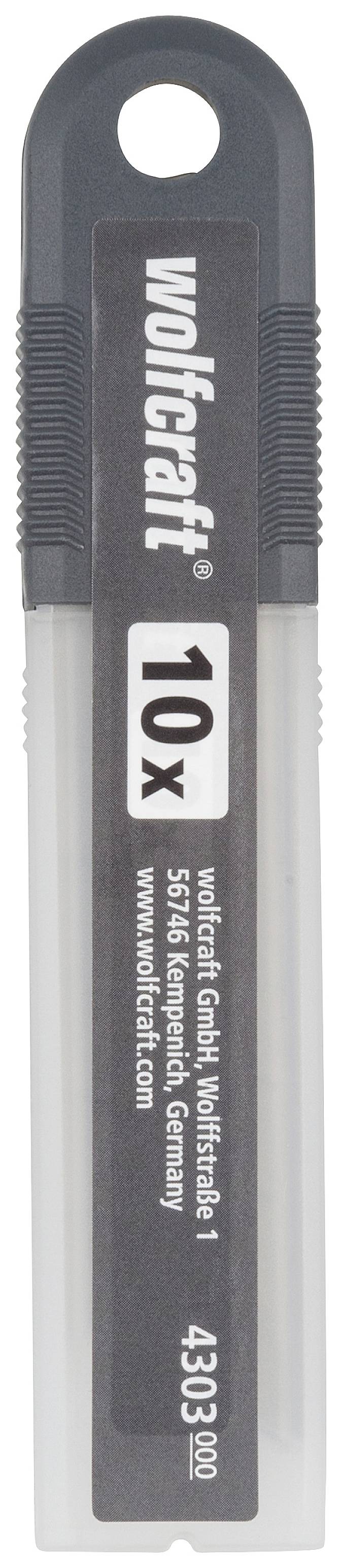 Plastic container with grey lid, labelled 'wolfcraft 10x', contains pencils. Thomas brand included.