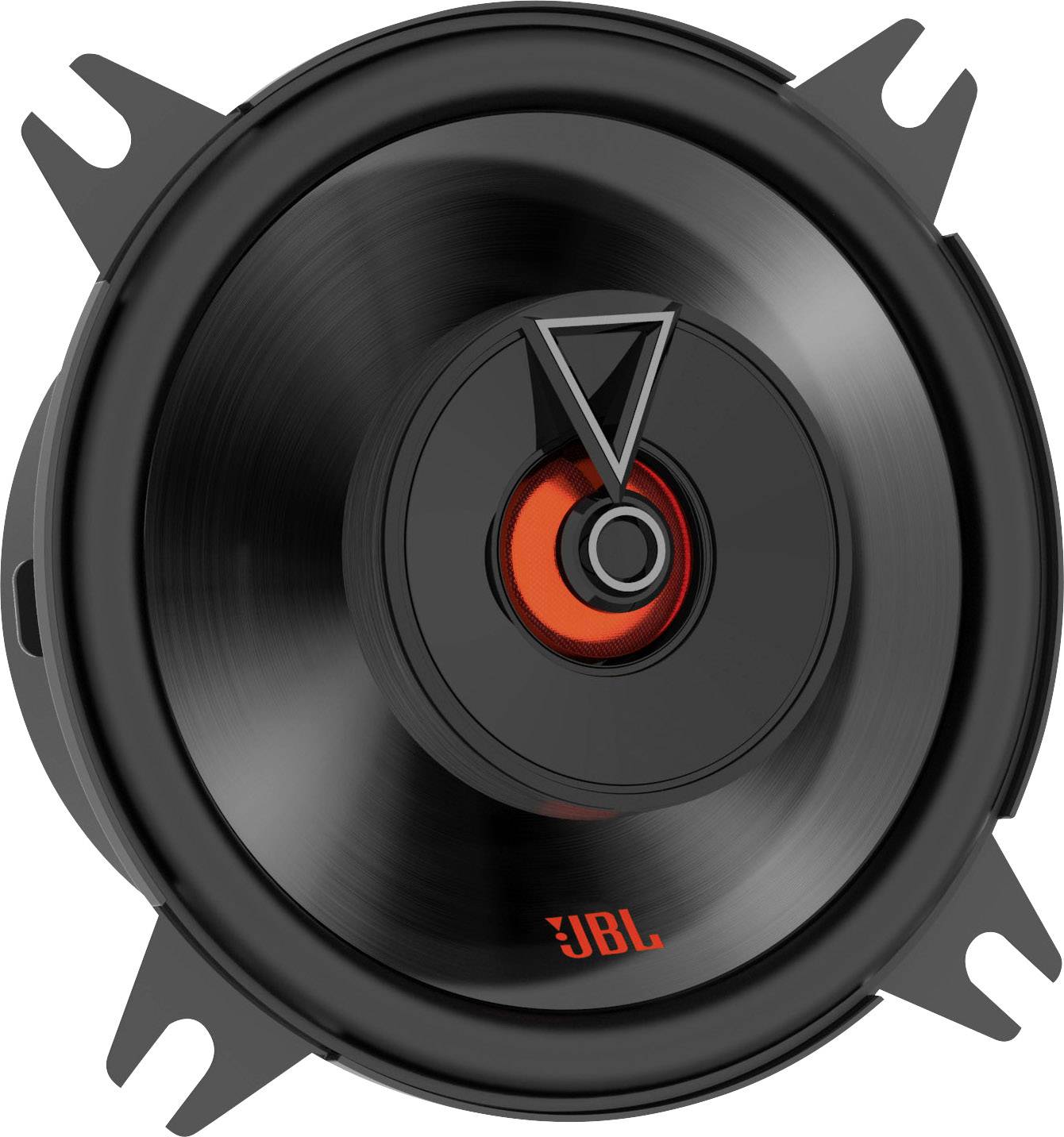A black speaker with orange accents and a 'JBL' logo in the centre, suitable for car or home audio systems.