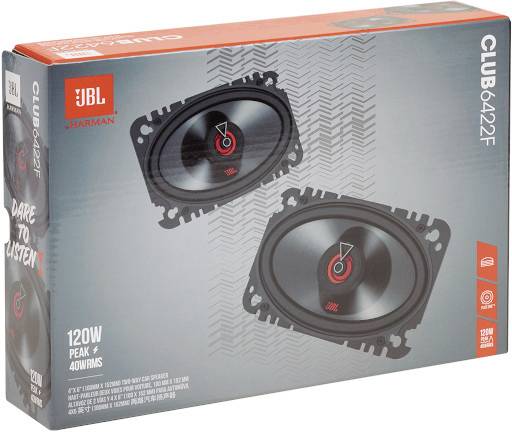 Packaging for the JBL Club 6422F car speakers featuring an illustration of oval speakers, with a power output of 120W and the text 'Dare to Listen'.