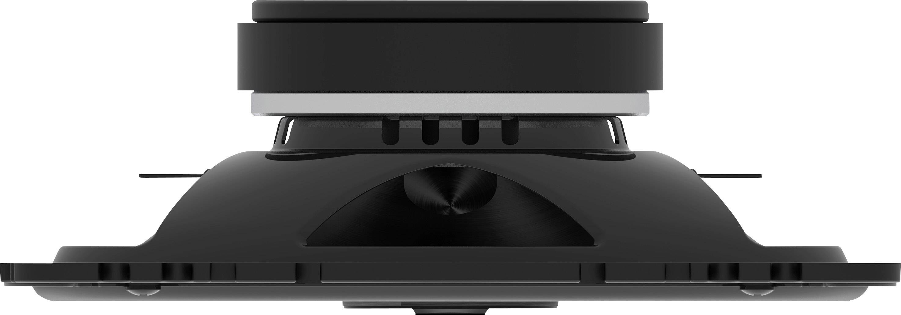 Black technical speaker viewed from the side, showing a round magnet and protective outer casing.