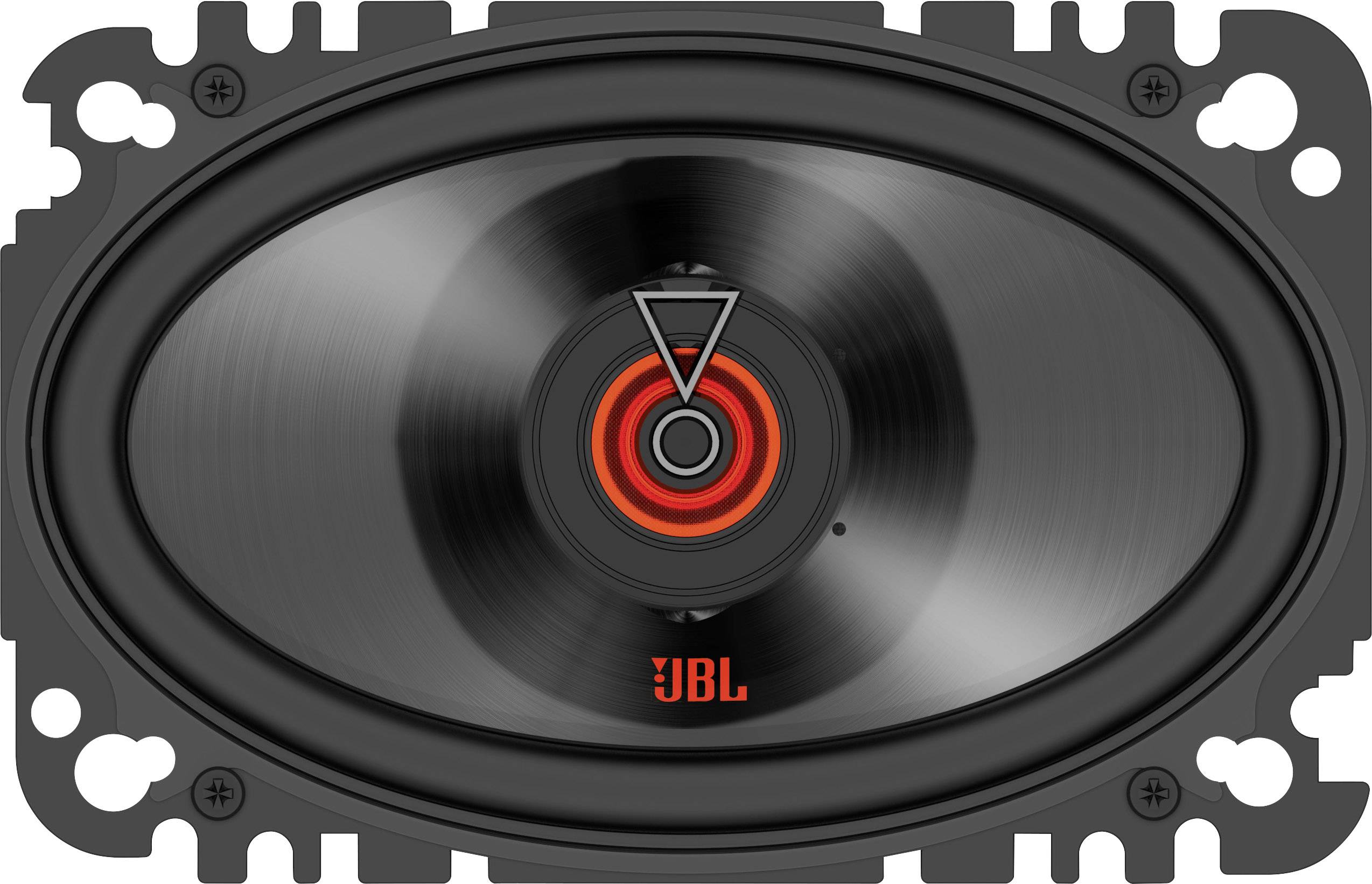 A black speaker with a striking red centre and an orange logo beneath it.