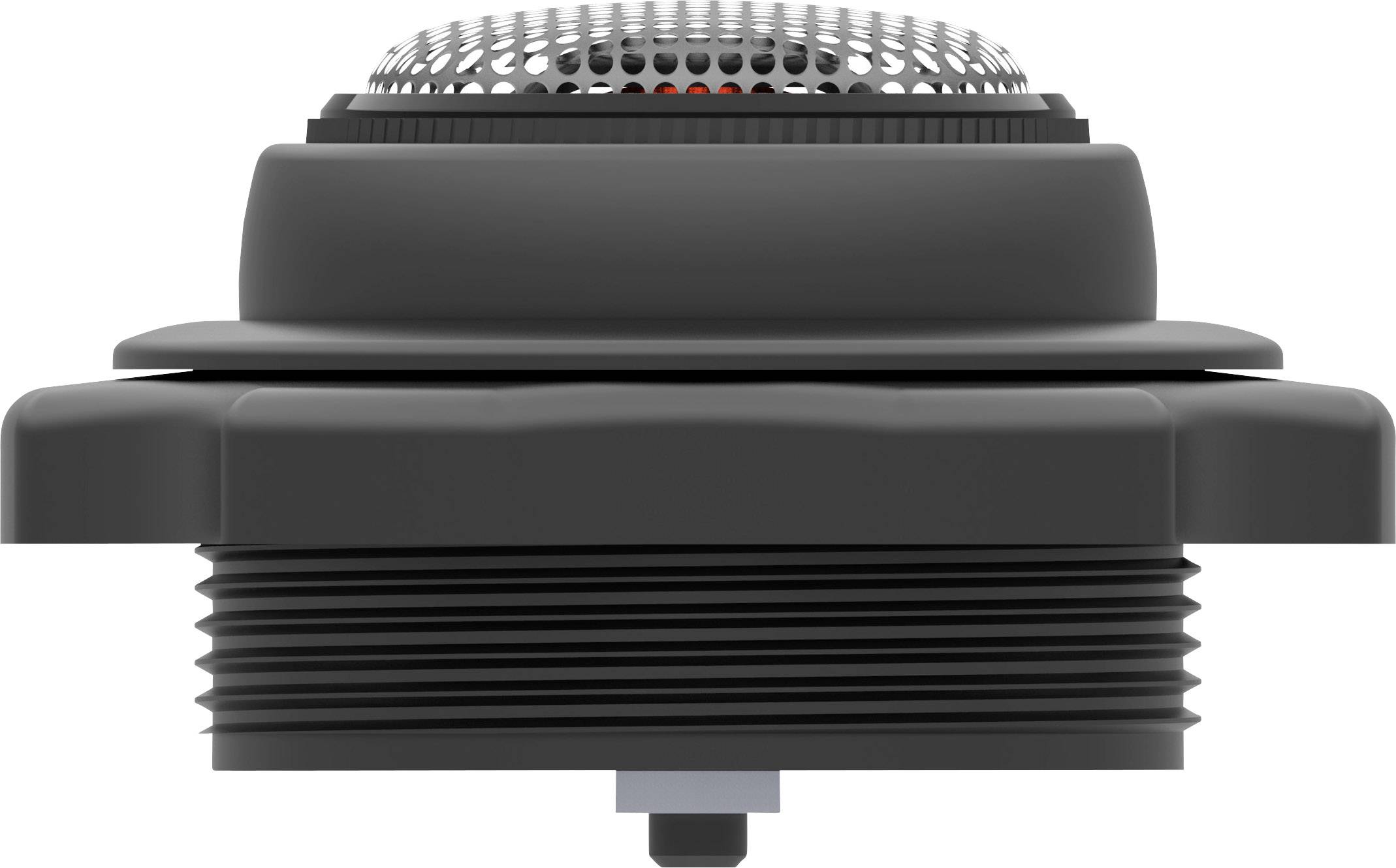Industrial component in black, cylindrical with a metal mesh on top, potentially part of a ventilation system.