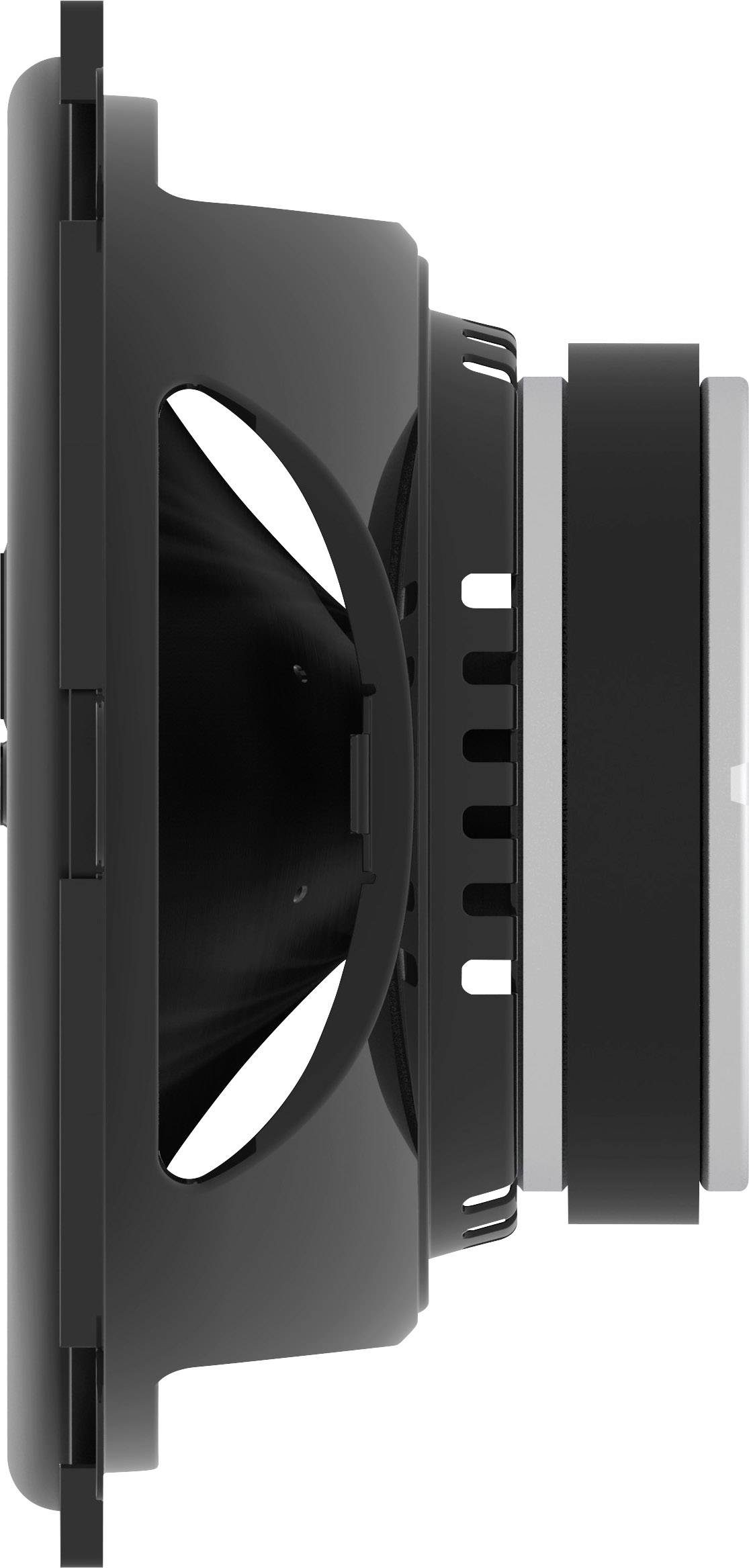 Black speaker, side view, showing housing and membrane.