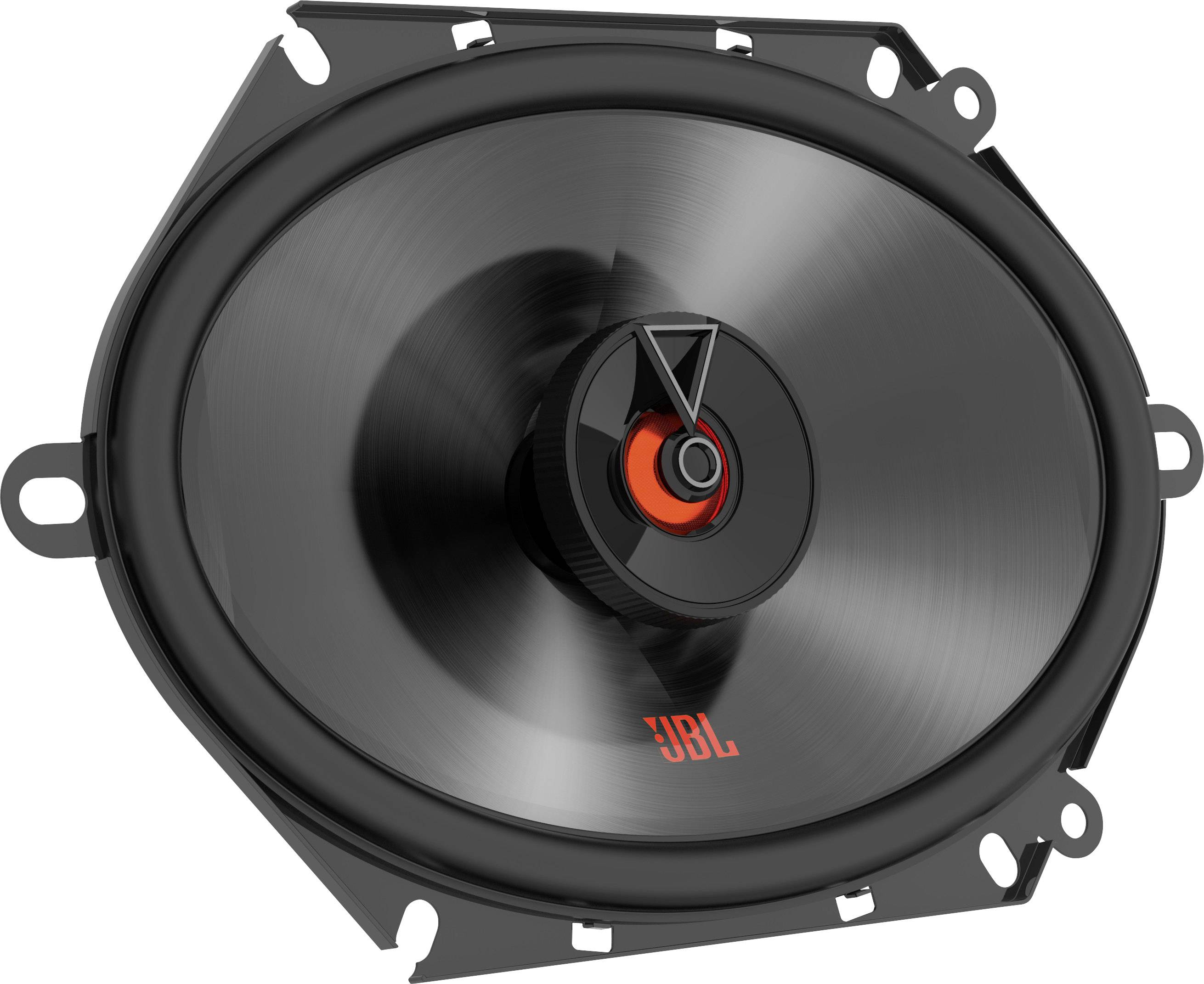 Oval, black car speakers with a red accent, externally featuring four mounting holes, suitable for installation in vehicles.