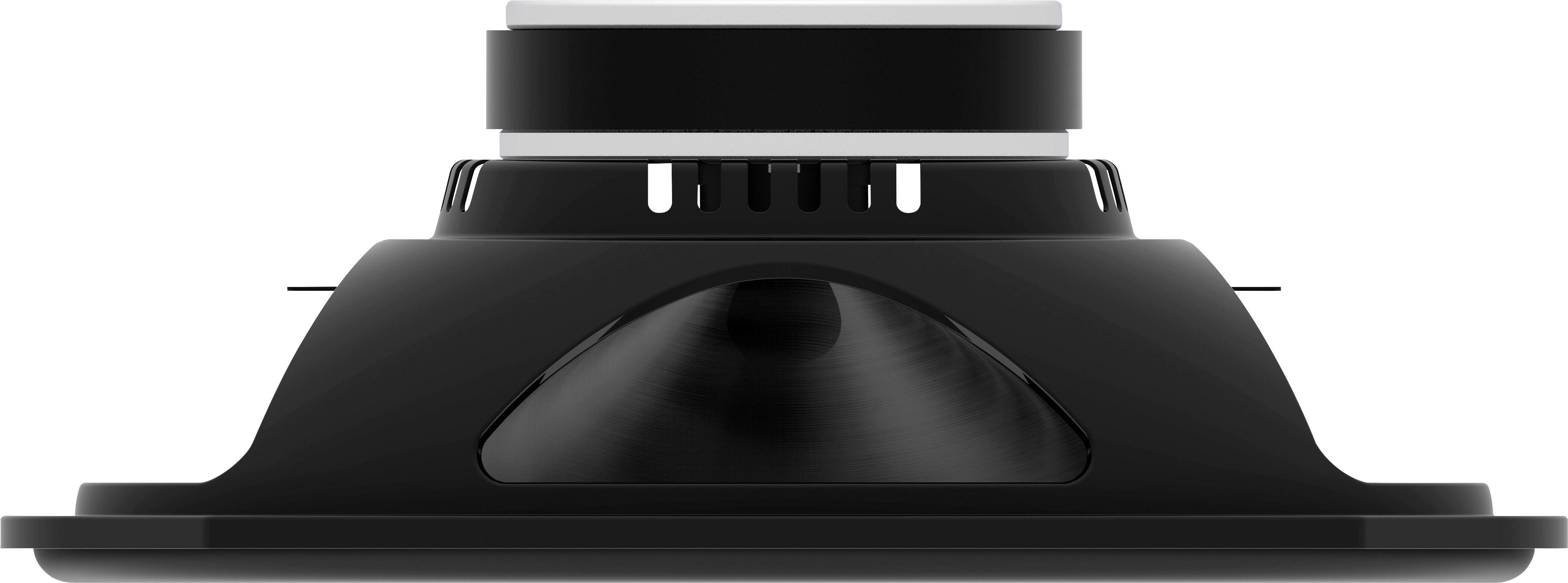 Black speaker viewed from the side, showing the cone design and cabinet mounting.