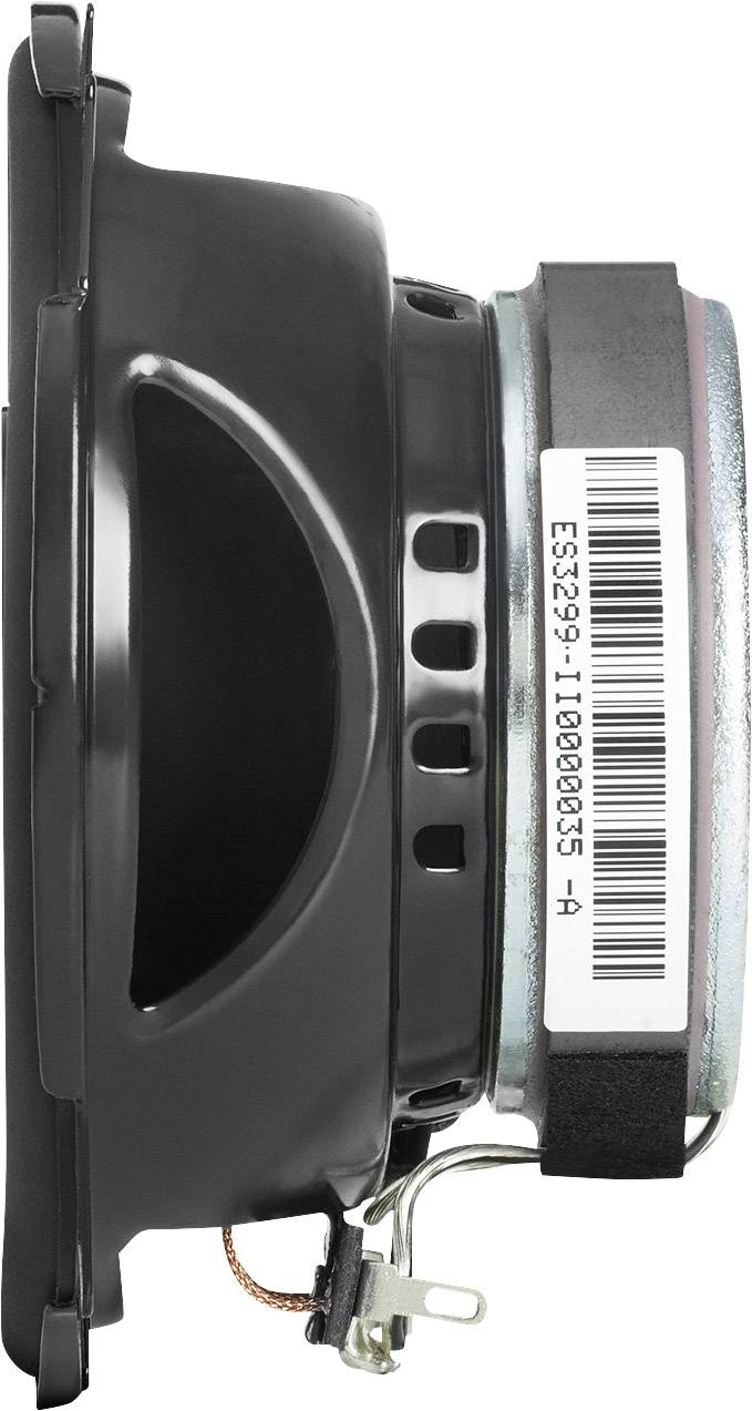Side view of a speaker with a black cover and a visible barcode on the back, cable connections at the bottom.