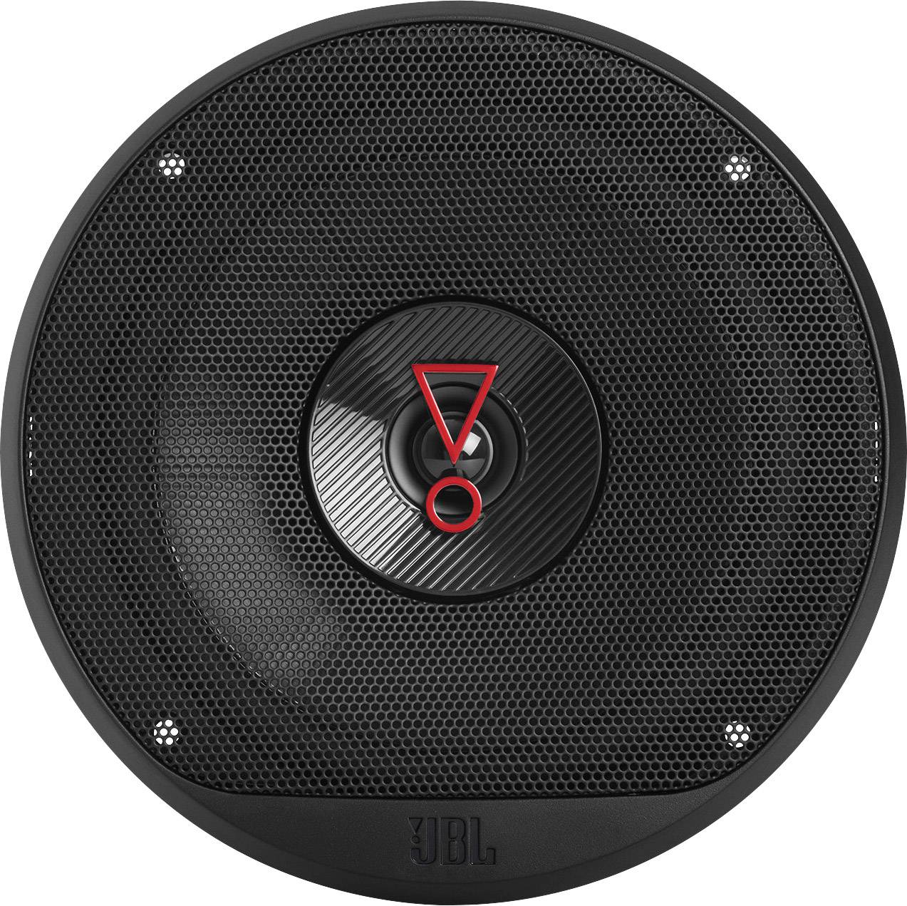 Black speaker with mesh cover, red exclamation mark and red circle in the centre, symbolising attention.