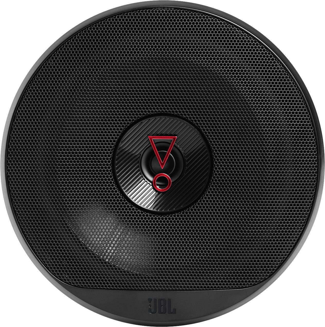 Round, black speaker grille with a red triangle and circle in the centre, placed on a reflective surface.