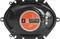 Top-down view of a car speaker, showing the rear side with an orange label, brand name and model number visible in the centre.