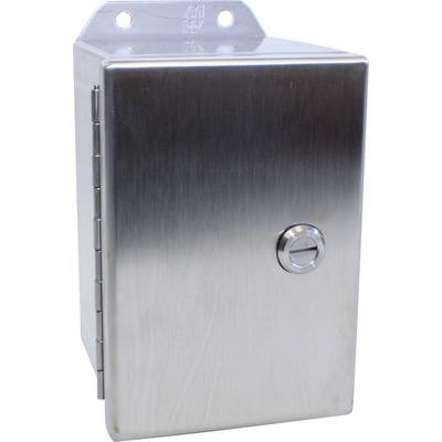 A rectangular stainless steel box with hinges and a round push-button on the front, suitable for wall mounting.