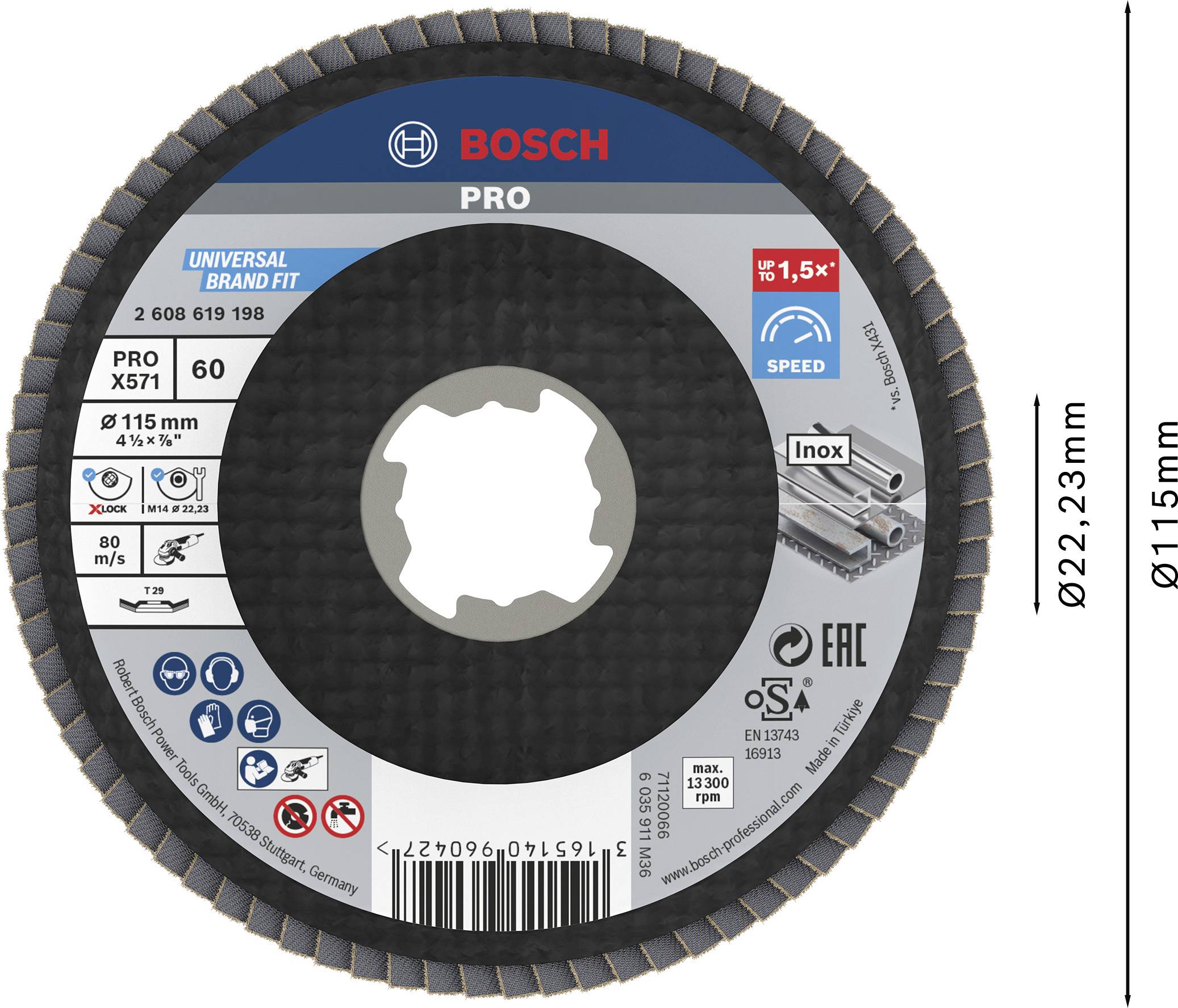Black grinding disc with Bosch logo. Suitable for stainless steel, 115 mm diameter, 22.23 mm bore. Speed 80 m/s.