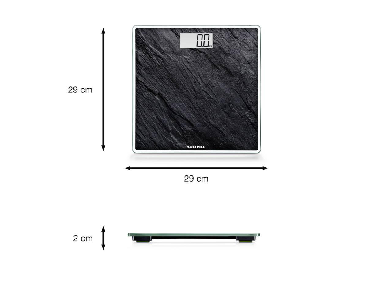 Digital Bathroom Scales in Black, 29x29 cm, 2 cm high. Size indicated by arrows and measurements.