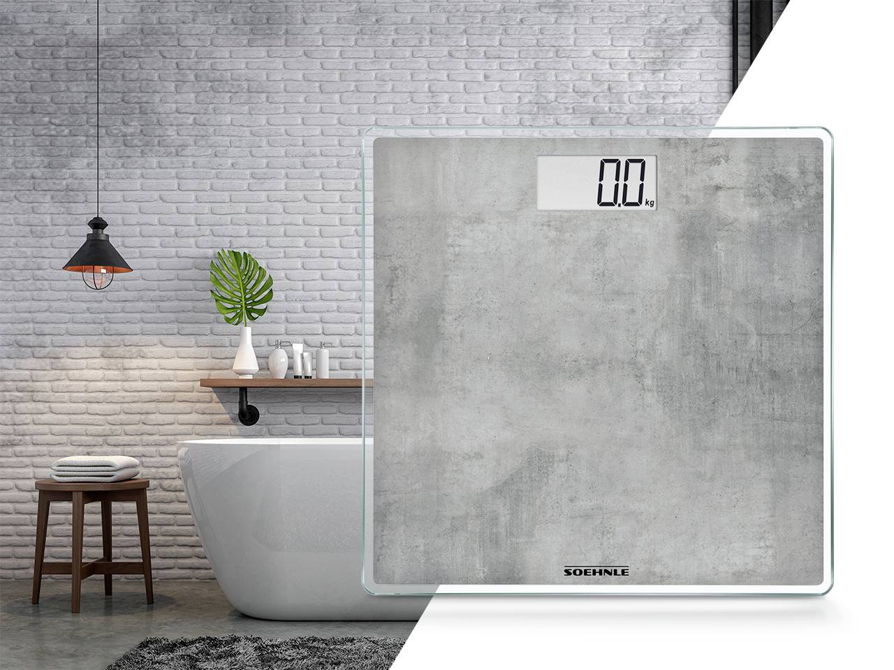 Digital bathroom scales in a modern bathroom. Scales display '0.0 kg'. Grey design with concrete effect, next to a bathtub.