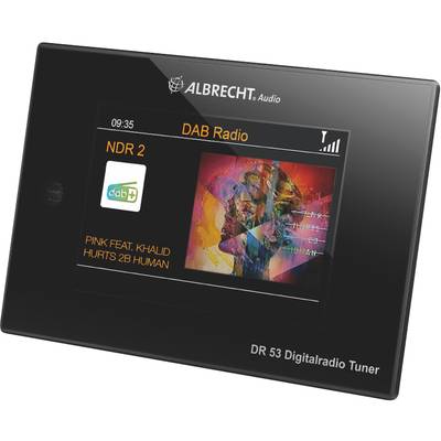 An Albrecht DR 53 Digital Radio Tuner displays a DAB station with a music track by 'Pink featuring Khalid'.