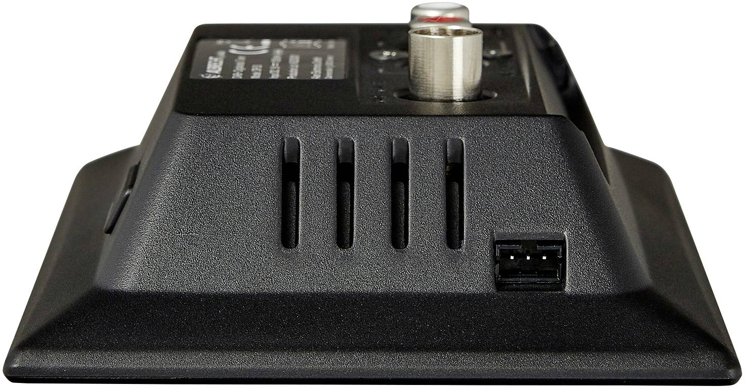 Electronic device with ports and ventilation slots, possibly an audio or video device, on a black base.