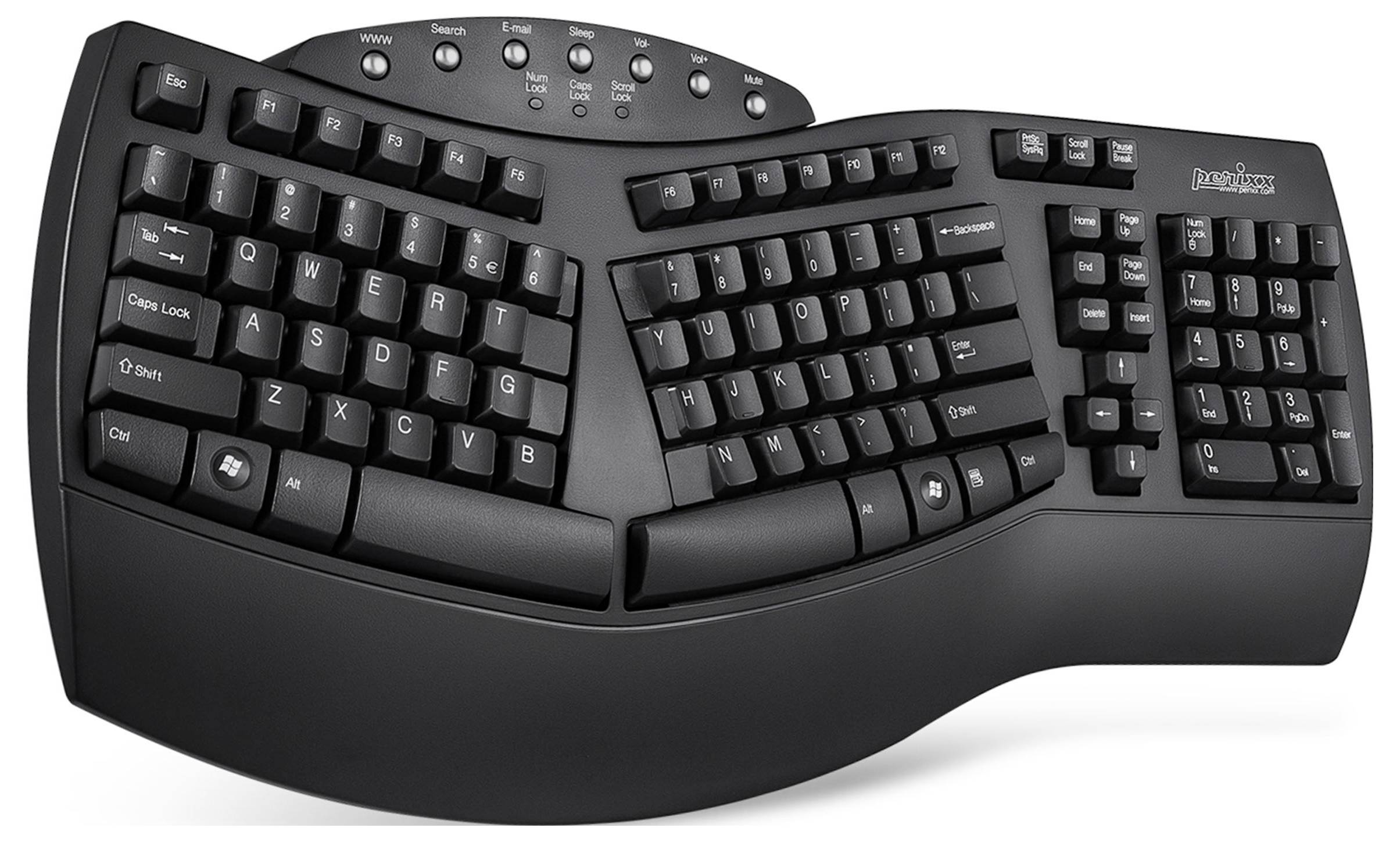 Ergonomic keyboard with a curved design to improve hand positioning. Multimedia function keys located above the standard keys.