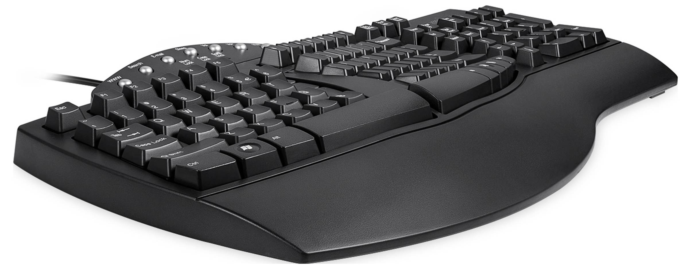 Ergonomic black keyboard with a curved design and additional function keys above the main keys.