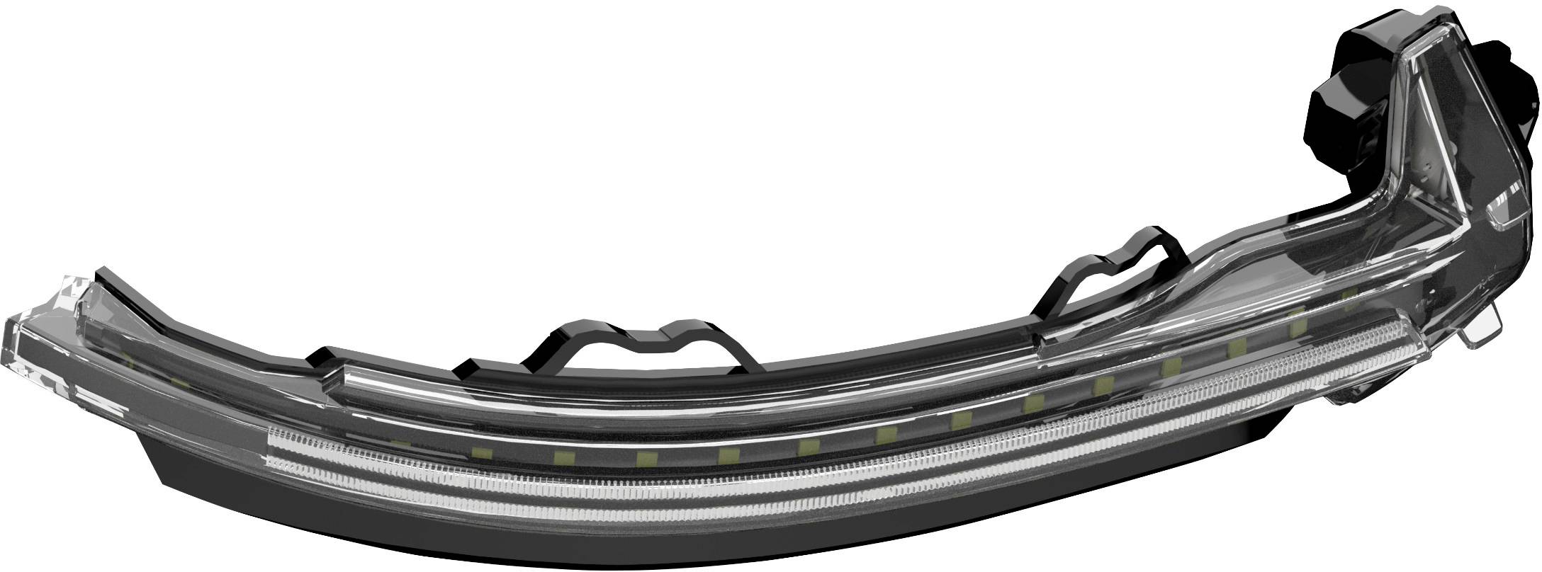 Curved, transparent automotive light housing with multiple internal mountings and cables; designed for vehicle lighting.