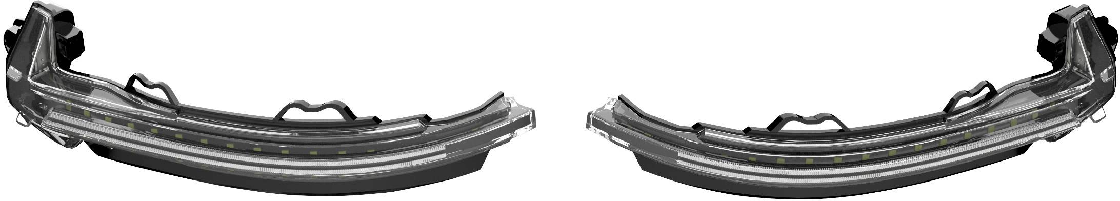 Two identical black car parts with yellow markings, reflecting each other, against a white background.