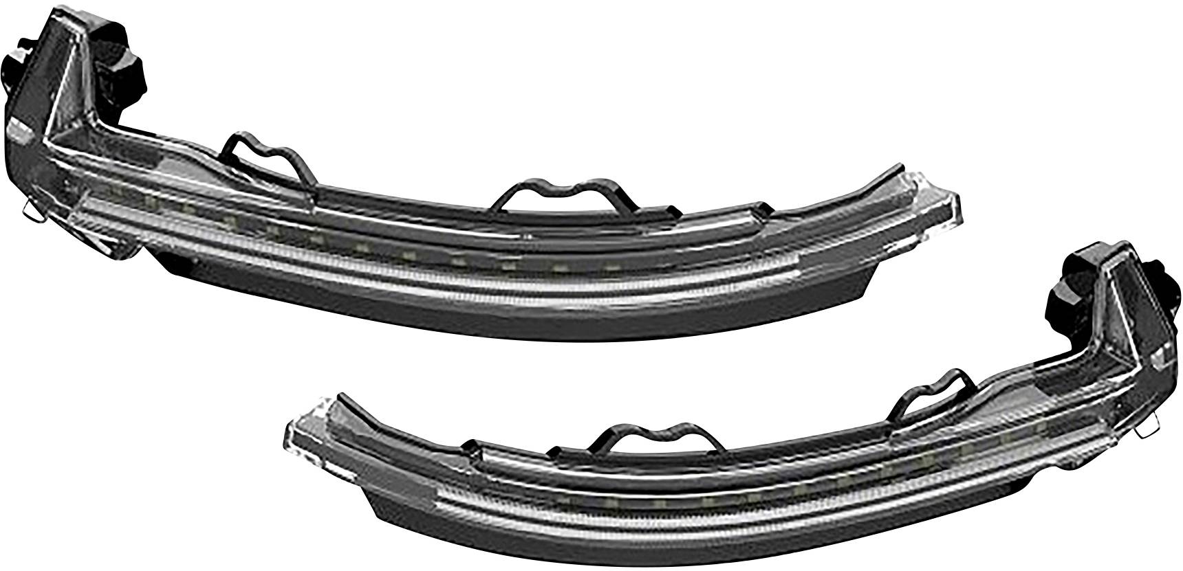 Two modern, curved LED headlight assemblies with clear covers, providing stylish automotive details and enhanced illumination.