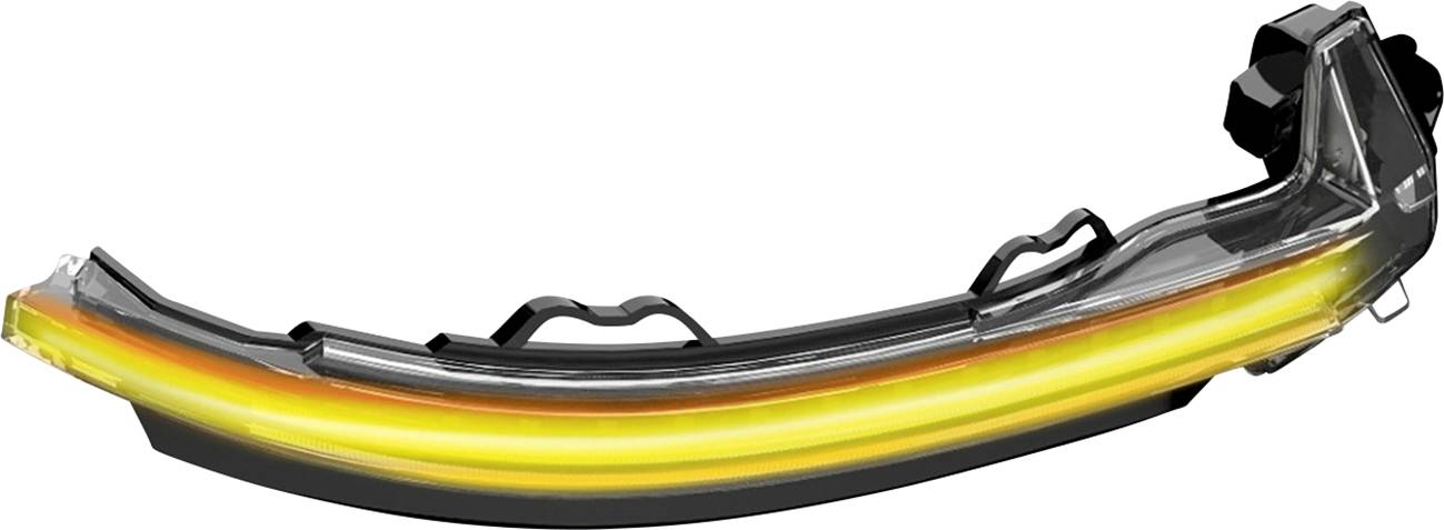 Side indicator of a vehicle with a dynamic LED light strip in yellow and orange.