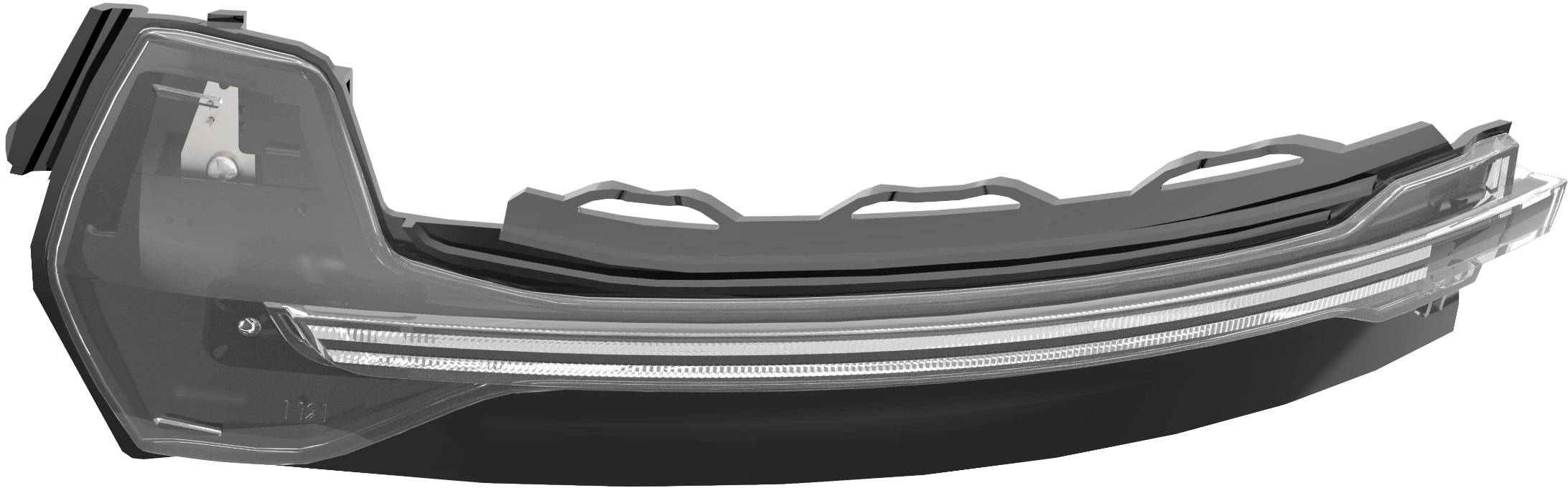 Image of a car component, likely a headlight unit, with clear plastic and metal components in a curved form.