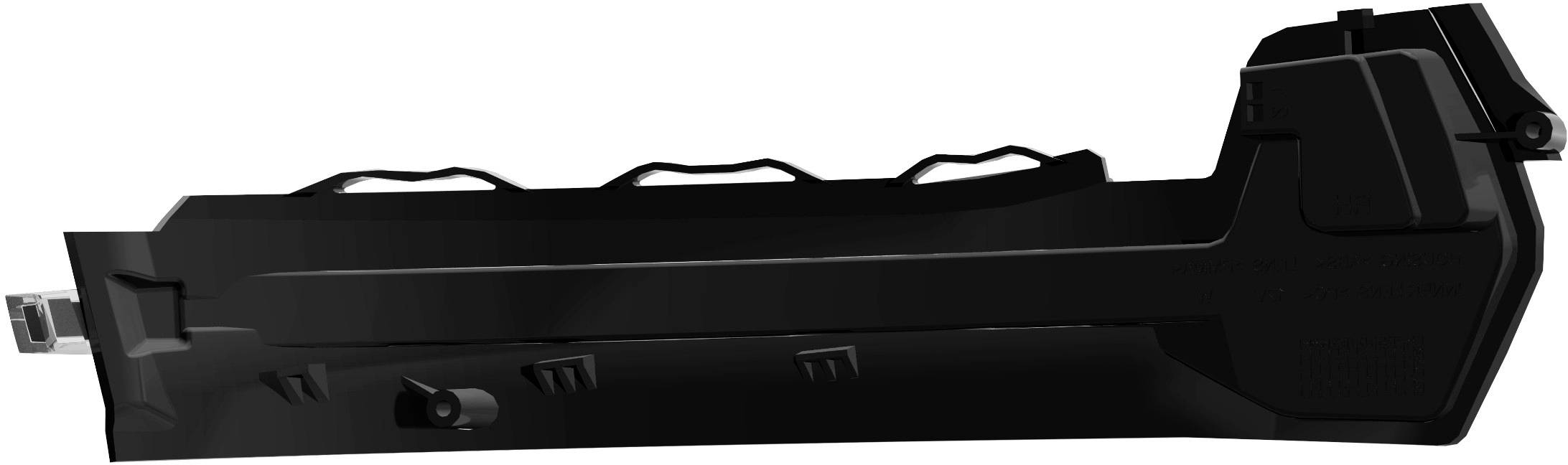 A black, elongated component with multiple grooves and a protruding element, potentially part of a technical device.