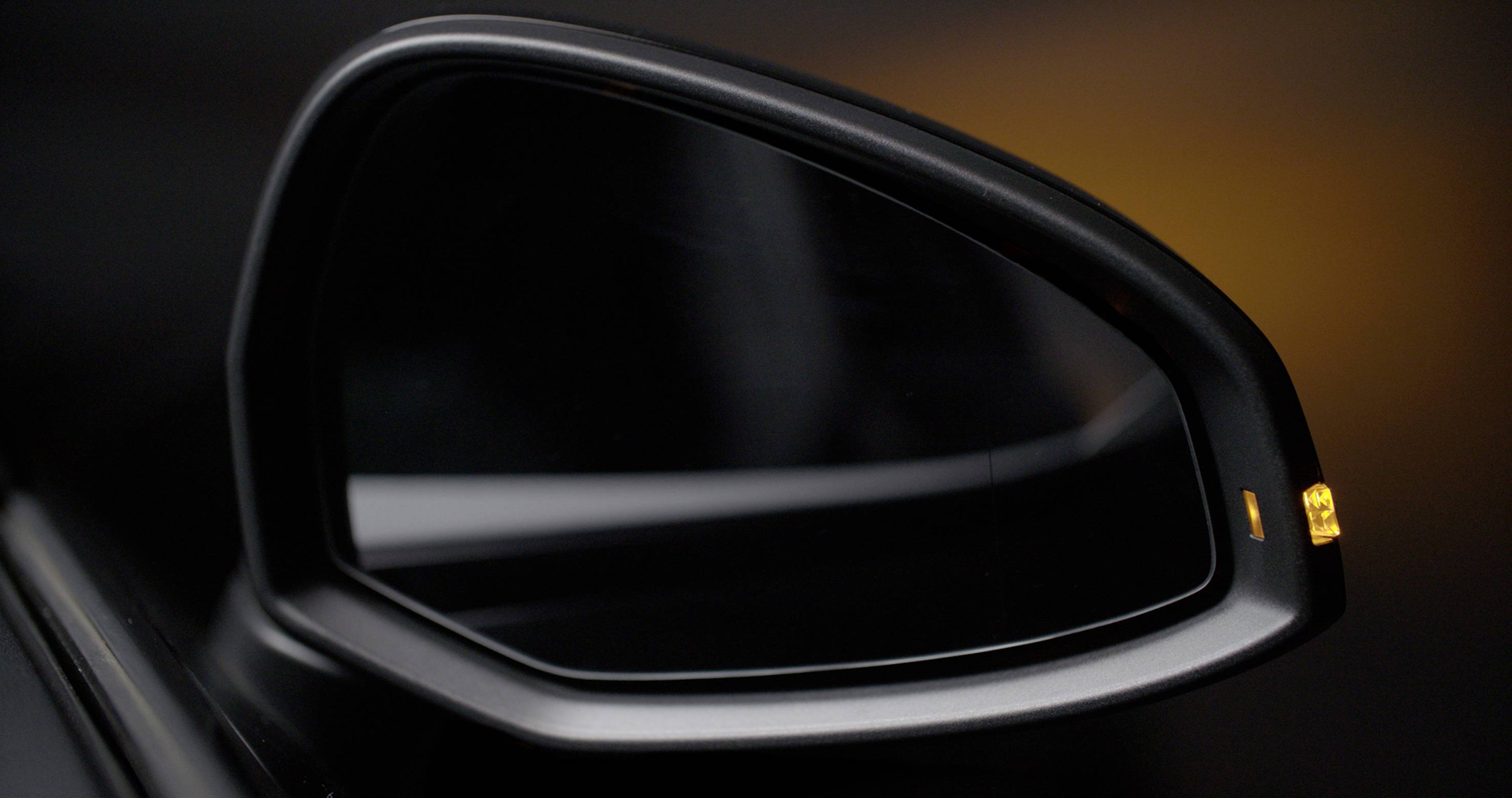 Car wing mirror with illuminated warning light.