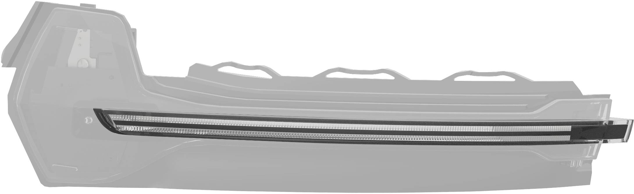 Car side view of a headlight component with a slim, horizontal design and clean lines, depicted in greyscale.
