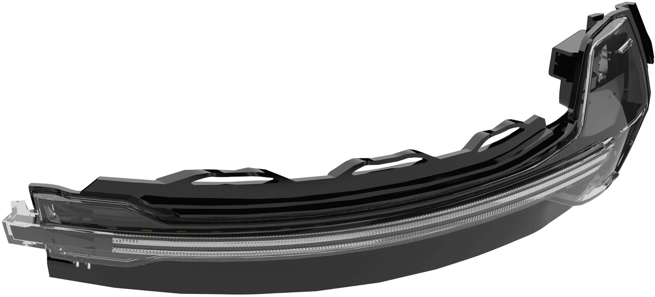 A black, curved car part, presumably an indicator housing, with clear and dark areas, on a white background.