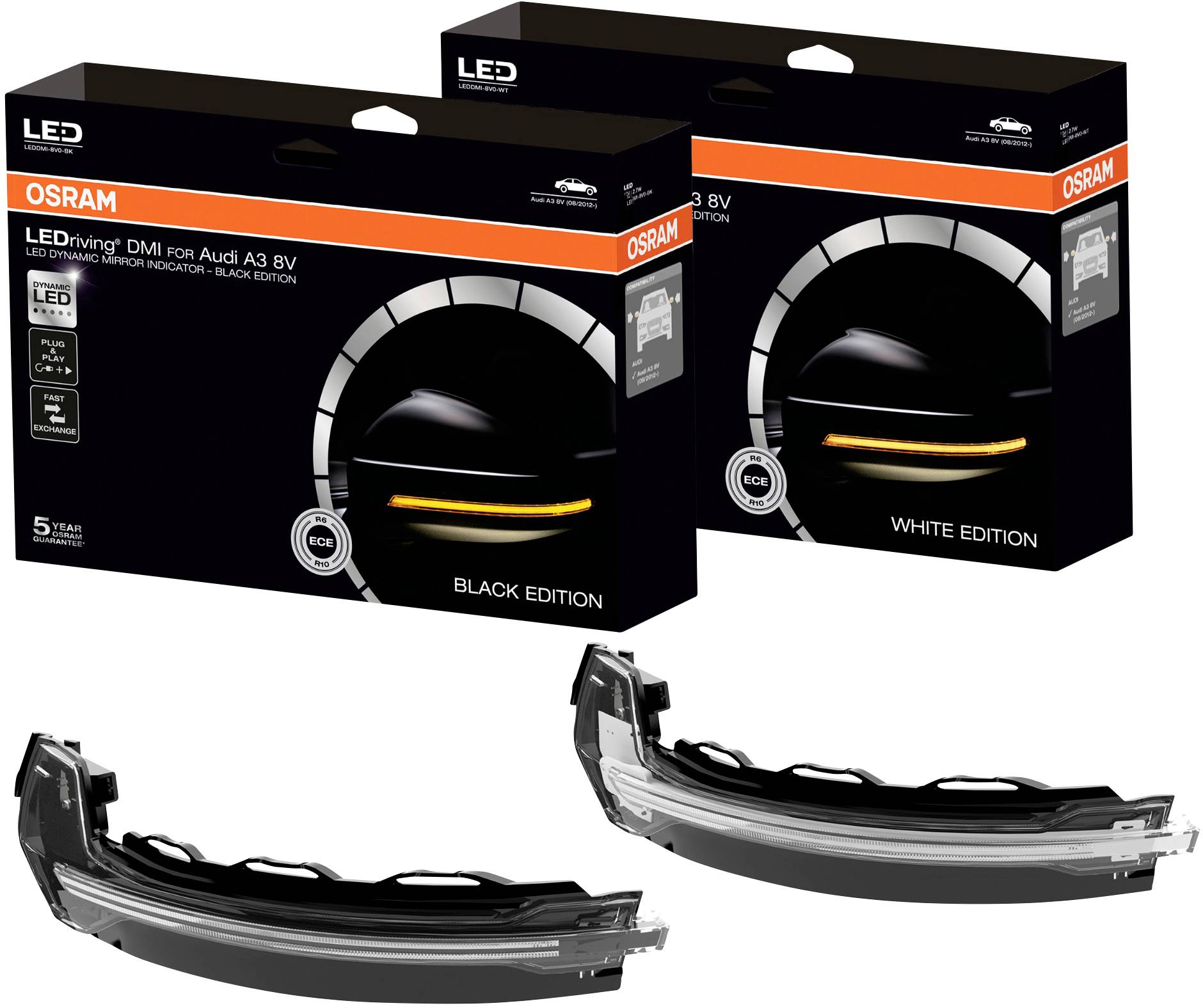 Two packaging units of Osram LED headlamps for Audi A3 with different editions, including two black LED lights.