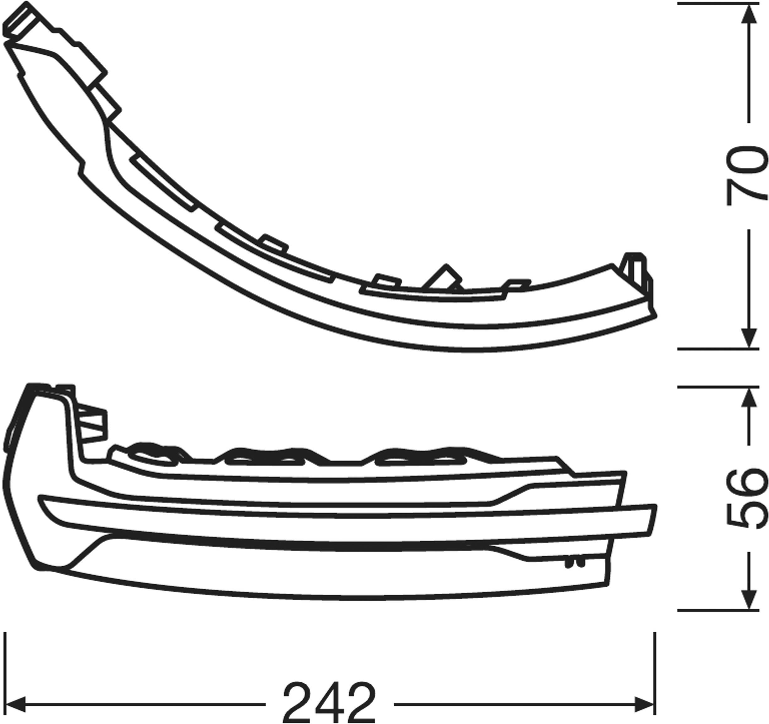 Technical drawing shows the side and front view of a curved component with dimensions of 242 mm, 70 mm and 56 mm.