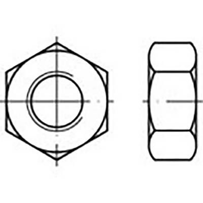 Technical drawing of a hexagonal nut, top view on the left, side view on the right. Shows structure and form.