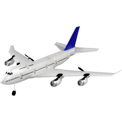 A model aircraft in white with a blue tail fin, four engines, and a detailed reproduction of windows and doors.