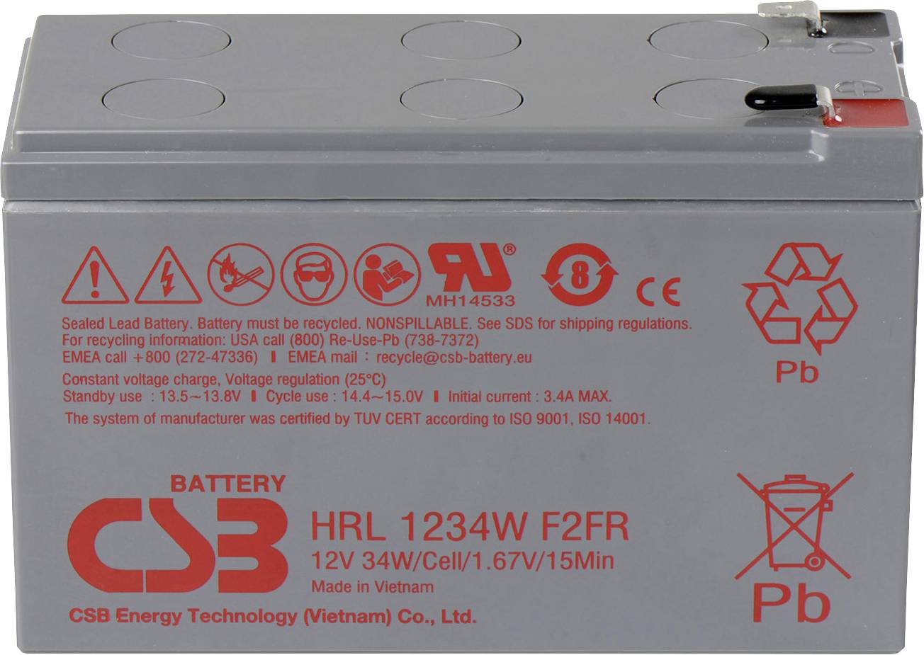'Sealed lead battery with recycling instructions and warnings. Capacity: 12V 34W. Brand: CSB. Made in Vietnam.'