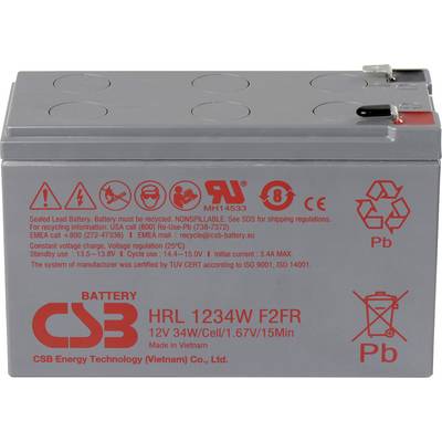 'Sealed lead battery with recycling instructions and warnings. Capacity: 12V 34W. Brand: CSB. Made in Vietnam.'