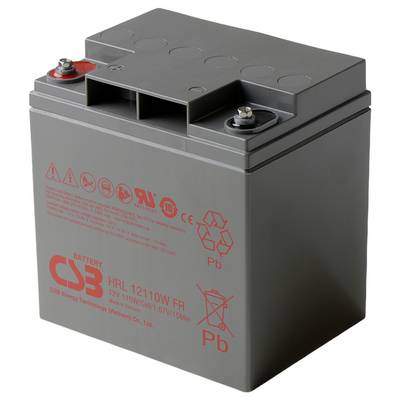 A grey CSB battery labeled 'HRL 12110W FR', indicating it is a 12V 110W/cell device with warning symbols and manufacturing details.