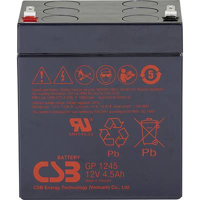 'Black battery with red inscription: CSB GP 1245, 12V, 4.5Ah. Safety and recycling information, manufacturing details below.'