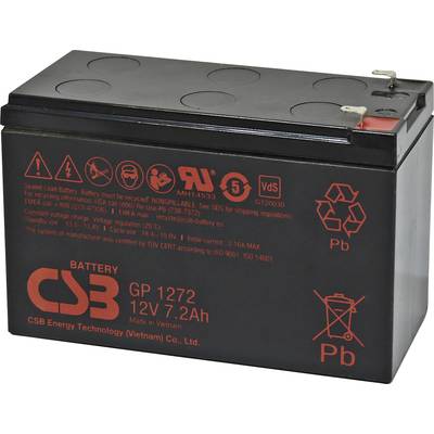 Black 12V 7.2Ah Standby Battery with top terminals. Manufacturer and safety symbols on the front.