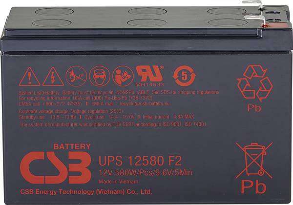 CSB Battery UPS 12580 high-rate UPS12580F2 VRLA 12 V 9.4 Ah AGM (W x H x D) 151 x 99 x 65 mm 6.35 mm blade terminal Maintenance-free, Low self-discharge levels