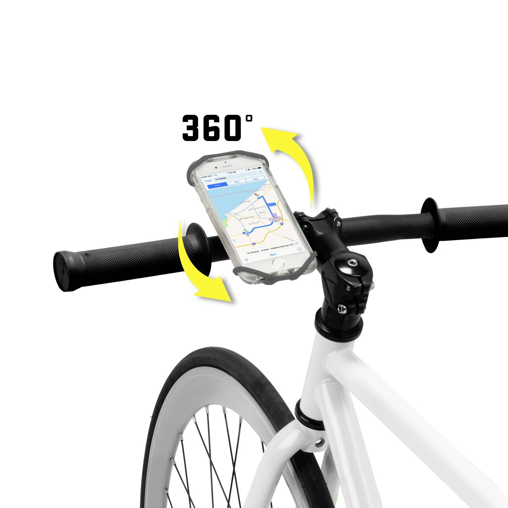 Smartphone mount on bicycle handlebars, displaying a navigation map on the screen. Arrow illustrates 360-degree rotational capability.