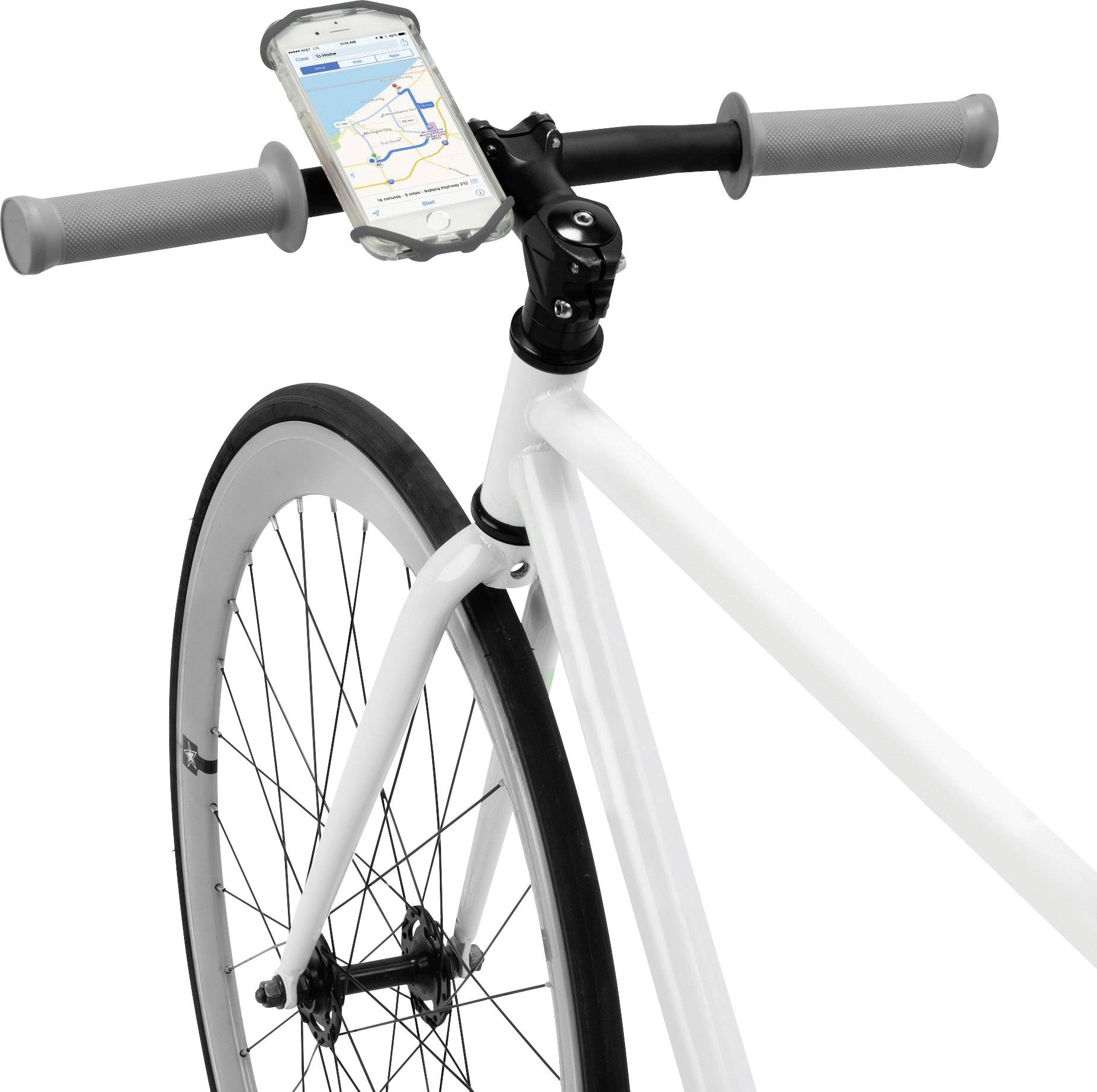 A cyclist with a smartphone mounted on the handlebars, displaying a route on a map app.