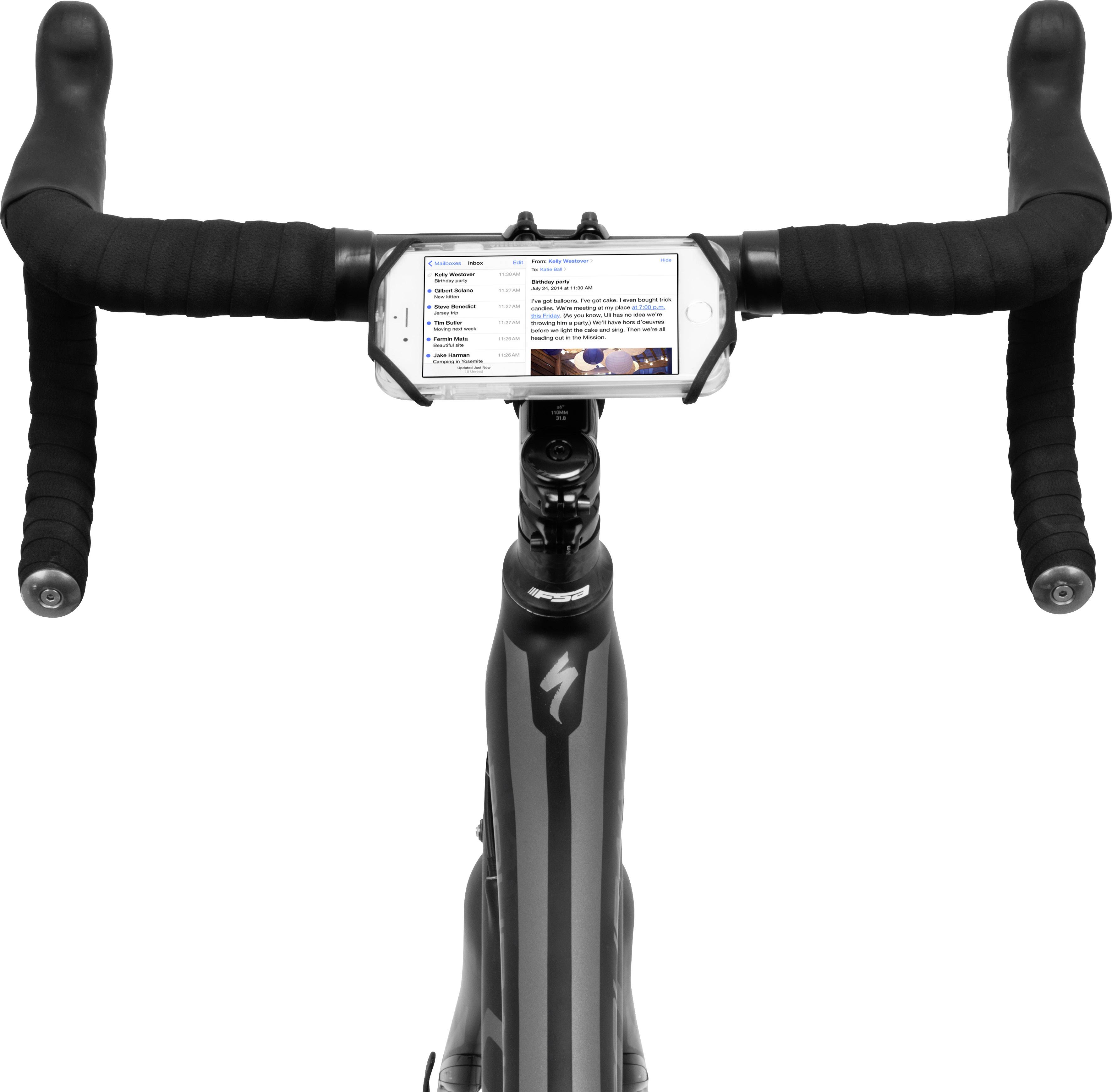 A bicycle handlebar with a smartphone mounted, serving as a navigation device, is secured.